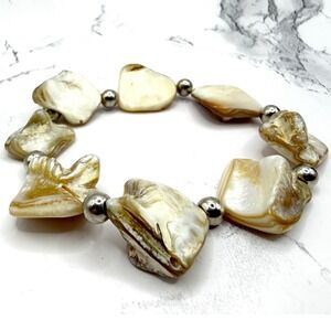 Shell Stretch Bracelet Natural Shell Beads Silver Spacer Beach Jewelry